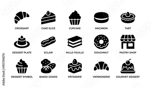 Icon set of classic pastries and desserts including croissant and cupcake