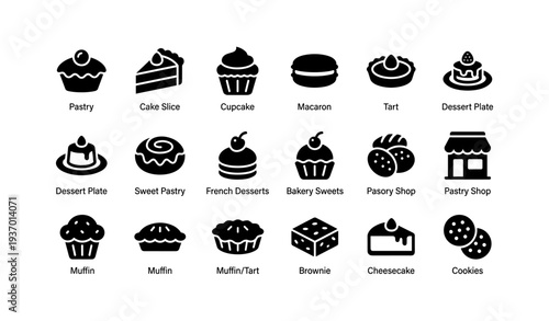 Bakery icons set: pastry, cake, cupcake, macaron, tart, dessert, muffin, brownie, cheesecake