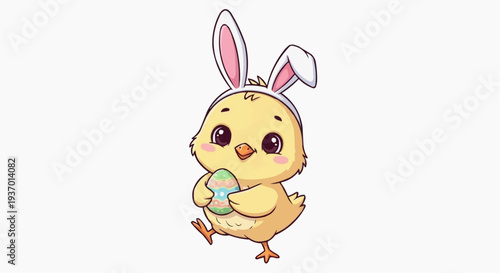 A cute little chick wearing bunny ears and holding an Easter egg