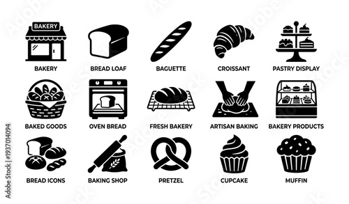 Bakery icons: bread, croissant, pastry display, baking tools, cupcakes
