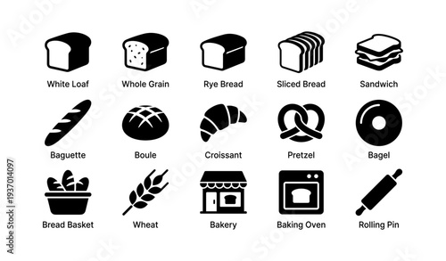 Variety of bread icons featuring loaf, baguette, croissant, and bakery essentials