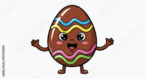 A cartoon style chocolate Easter egg character with a happy face and open arms