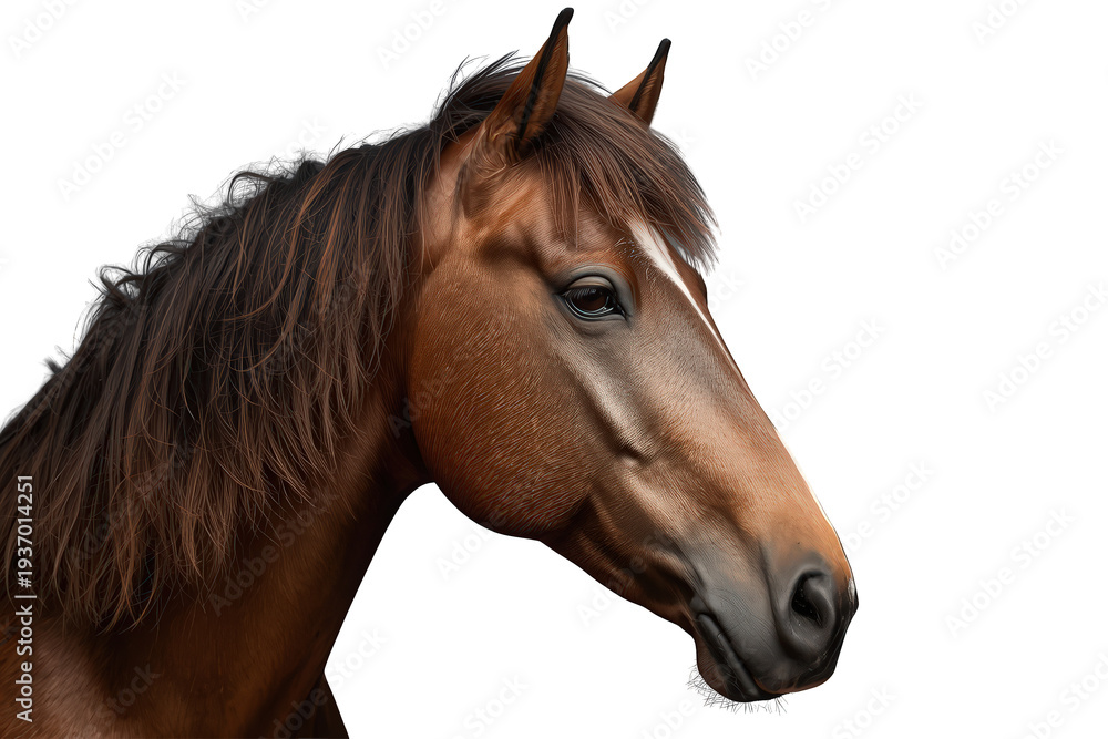 Fototapeta premium Chestnut horse head in profile with a white blaze, showing elegant features and a flowing mane, transparent background
