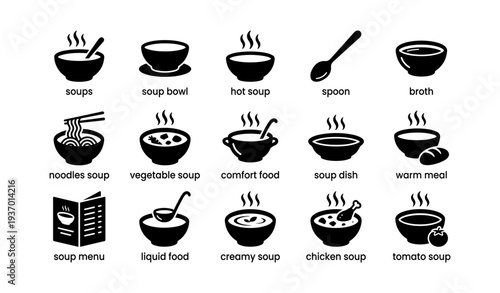 Soup icons: noodles, vegetable, tomato, chicken, spoon, bowl, broth, hot, comfort