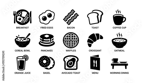 Breakfast icons: eggs, bacon, toast, coffee, cereal, pancakes, waffles, croissant