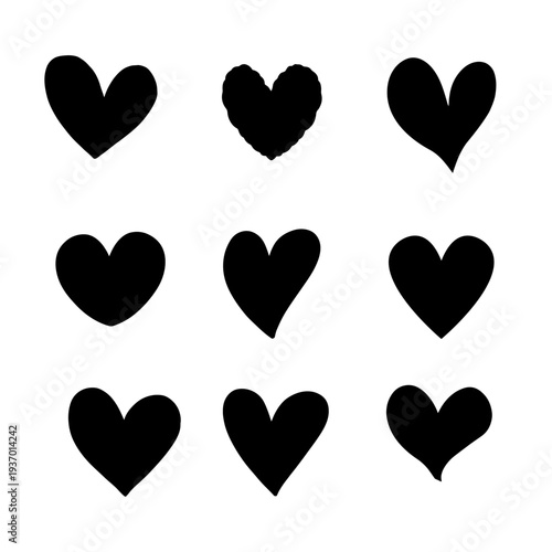 Simple black heart icon set representing love romance relationships and social media reactions.