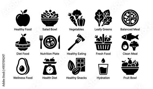 Healthy food icons collection featuring fruits, vegetables, and balanced meals