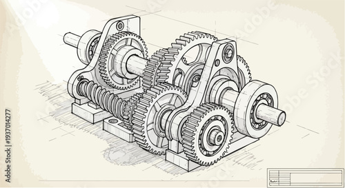 Industrial gear mechanism engineering sketch art