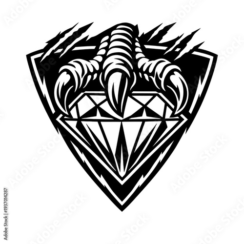Dynamic Black Raptor Talon Crushing Diamond Gemstone Emblem with Aggressive Scratch Marks, a Powerful and Fierce Vector Logo Design Perfect for Gaming, eSports Teams, T-shirts, Apparel, and Brand Iden