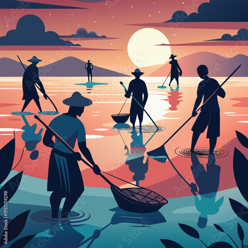 Vector illustration of fishermen at sunset