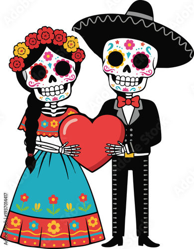 Day of the Dead skeleton couple holding heart, Dia de los Muertos Mexican cartoon illustration