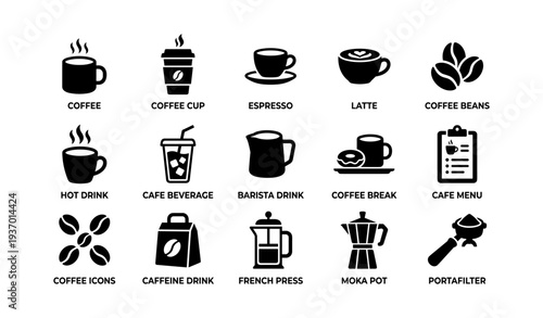 Coffee icons set: espresso, latte, moka pot, beans, barista tools