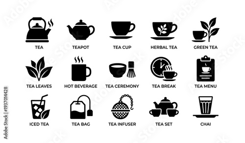 Tea icons: kettle, teapot, cup, herbal teas, ice and hot beverages