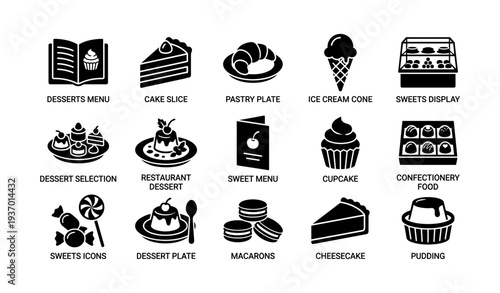 Dessert icons collection featuring cake, pastry, ice cream, and sweet treats
