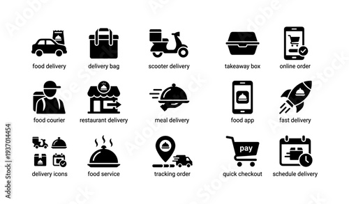Food delivery icons: fast service, online order, scooters, and takeaway options