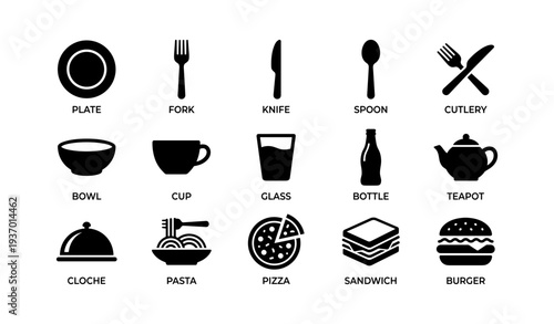 Set of dining icons: plate, cutlery, cup, glass, pasta, pizza, burger