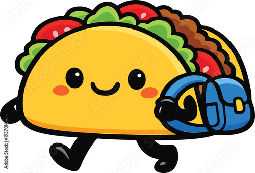 Adorable taco mascot walking and carrying a blue school backpack
