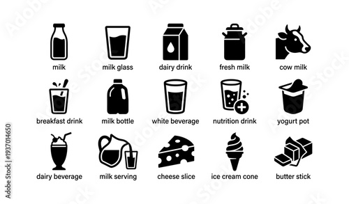 Milk and dairy icons: glass, bottle, cheese, ice cream, yogurt, cow, butter