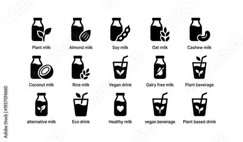 Variety of plant-based milk icons: almond, soy, oat, cashew, coconut, and more