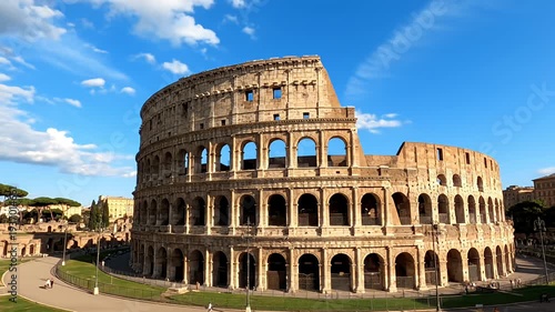 Iconic Colosseum ancient amphitheater under blue sky in Rome Italy