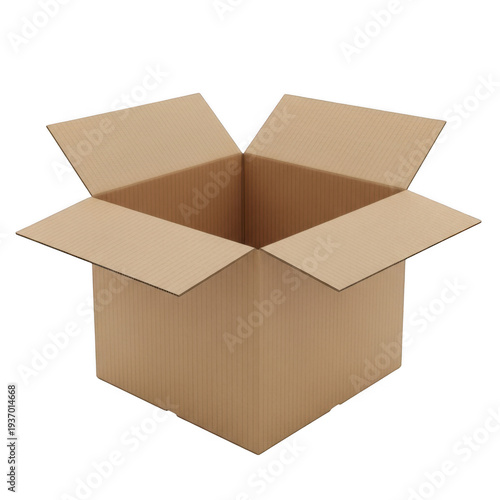 An open cardboard box with its flaps folded out, revealing its empty interior. isolated on transparent background