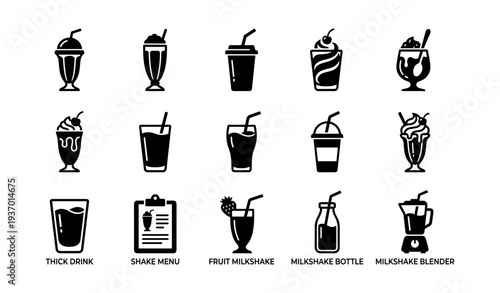 Collection of milkshake icons: thick drinks, menus, and blenders