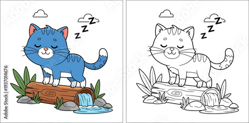 Cute cartoon blue cat sleeping and standing on a wooden log with flowing water stream, peaceful kitten resting in nature vector illustration for kids and nursery design