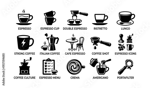 Espresso icons set featuring cups, machines, and coffee tools
