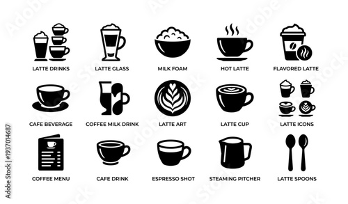 Variety of latte drinks and coffee icons: cups, glasses, foam, and more