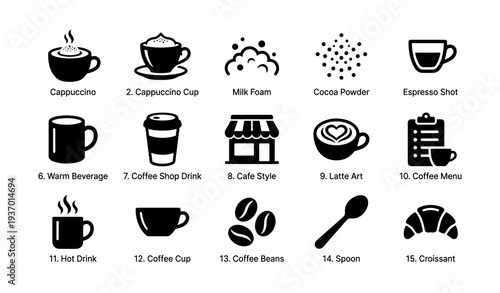 Coffee icon set featuring cups, beans, and cafés for beverage lovers