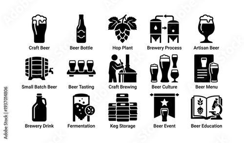 Craft beer icons set featuring brewing and tasting elements
