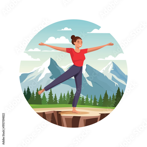 Woman balances on one leg with arms outstretched against mountain backdrop