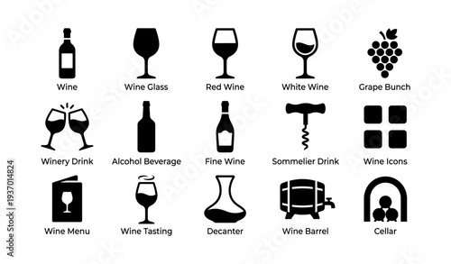 Wine icons set: glasses, bottles, grapes, and barrels symbols collection