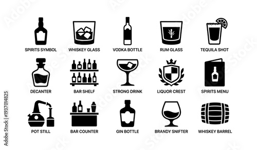 Set of alcoholic beverage icons: whiskey, vodka, rum, tequila, bar elements