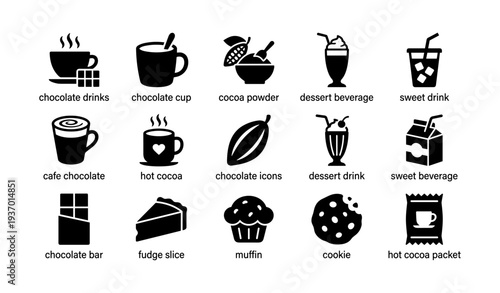 Chocolate drinks and dessert icons: cocoa, beverage, bar, muffin, cookie illustrations