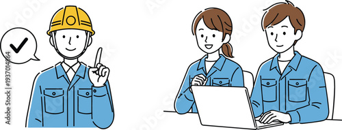 Construction Worker and Office Staff Working on Laptop Illustration, Team Collaboration Between Engineer and Employees for Business, Planning and Workplace Communication Concept