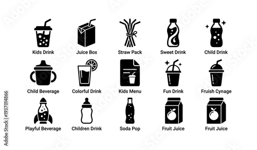 Assorted beverage icons featuring juice box, straw pack, and soda pop