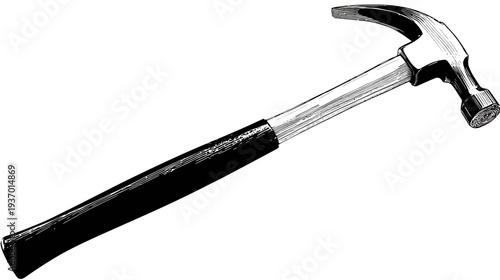 A black and white illustration of a claw hammer, a hand tool used for construction