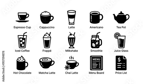 Coffee and beverage icons: espresso, cappuccino, latte, and more