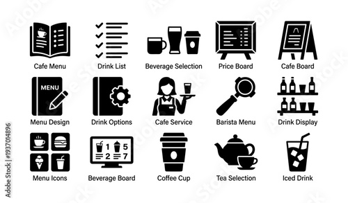 Cafe menu and drink selection icons with cafe service and beverage board