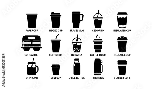 Variety of drink containers: cups, mugs, bottles, and carriers in icon set