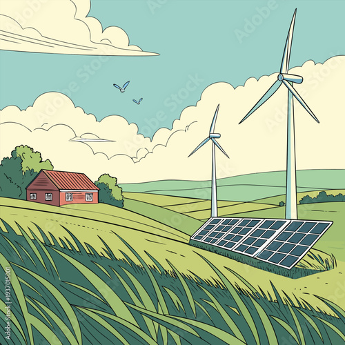 wind turbine and solar panels