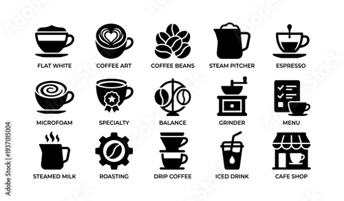 Coffee icons set: flat white, latte art, coffee beans, espresso, cafe items