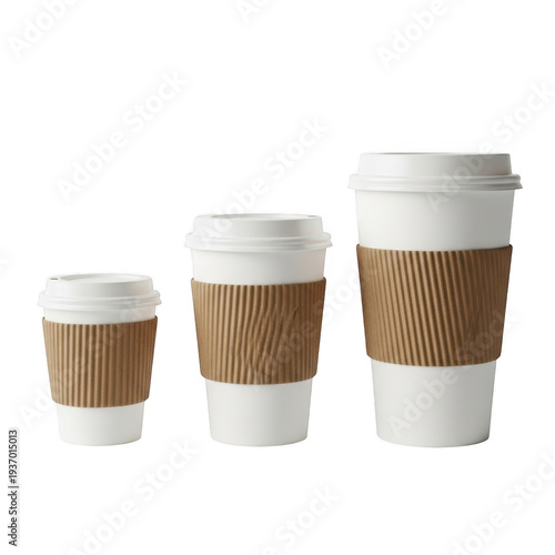 Three different sized coffee cups with brown cardboard sleeves and white lids. isolated on transparent background
