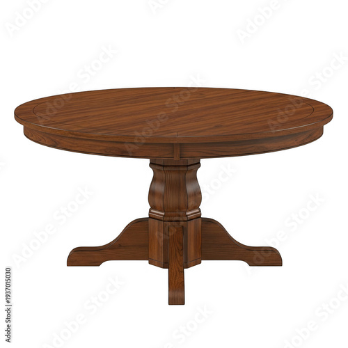 Elegant wooden round table with intricate pedestal base design isolated on transparent background