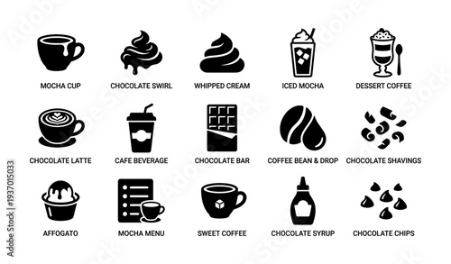 Coffee and chocolate icon set: mocha, latte, and sweet treats