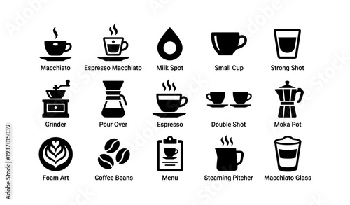 Coffee icons collection: espresso, macchiato, moka pot, milk spot, pour over, beans, menu