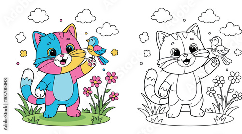 Cute colorful cartoon cat holding a small bird friend on paw in nature with flowers and clouds, vector