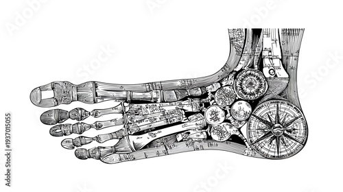 Black and white illustration of a foot composed of gears, compasses, and other mechanical elements