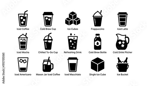 Variety of iced coffee icons featuring cups, bottles, and ice cubes